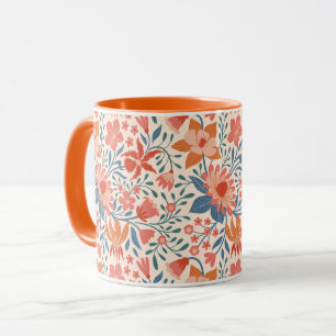 Caneca Jardim Coral e Turquesa Floresce em Bege Suave