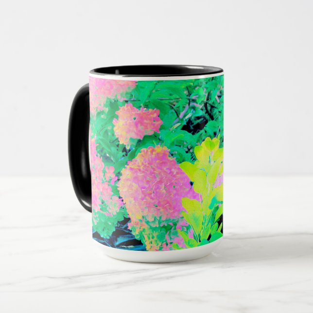 Caneca Jardim de Hydrangea rosa com folhagem amarela (Frente Esquerda)
