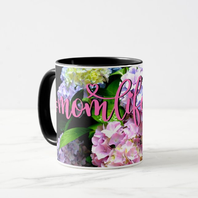 Caneca Jardim Hydrangea, rosa, azul, mãe floral roxa (Frente Esquerda)