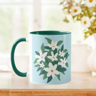 Caneca Jasmim Floral Branco Minimalista Moderno sobre Azu