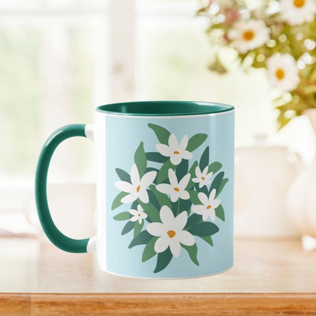 Caneca Jasmim Floral Branco Minimalista Moderno sobre Azu (In situ Kitchen table)