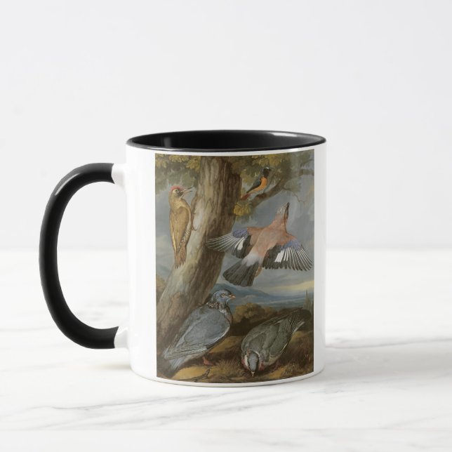 Caneca Jay, pica-pau verde, pombos e Redstart, c.165 (Esquerda)
