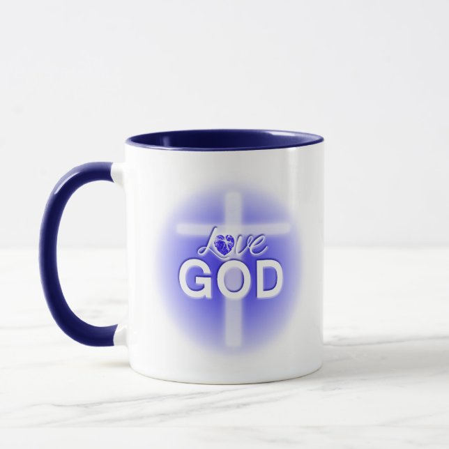 Caneca Jesus ama Deus cruza o coração azul (Esquerda)