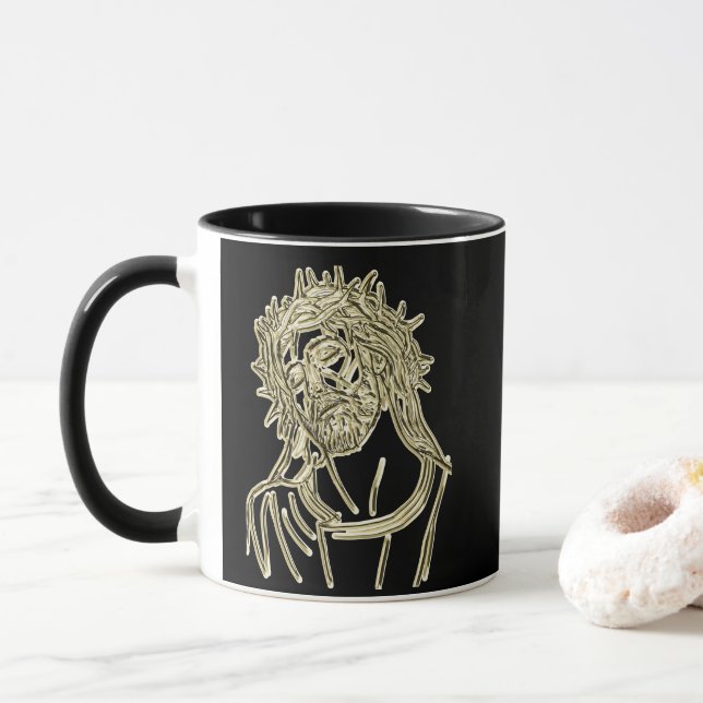 Caneca Jesus de ouro olhando para Deus brilhando intensam (Com Donut)