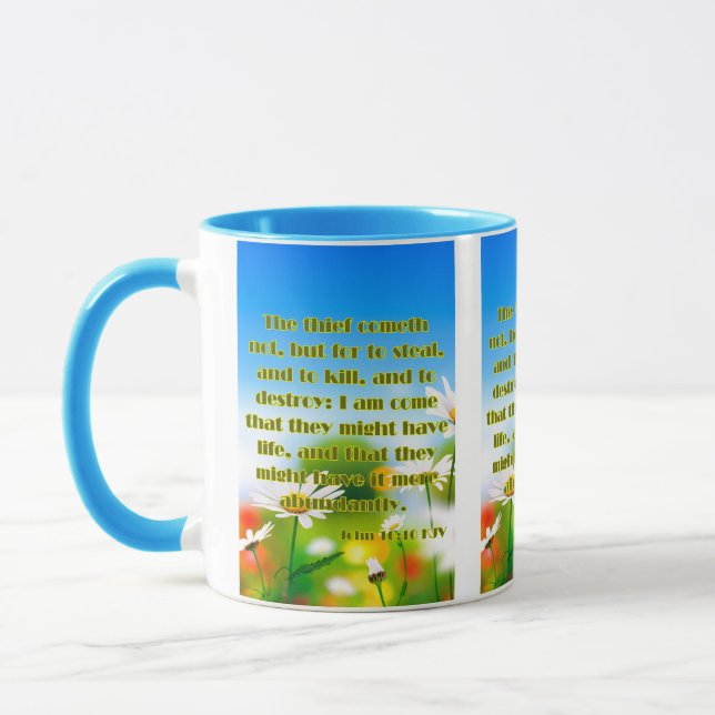 Caneca John 10:10 KJV - Escritura de Bíblia Pic de Dois T (Esquerda)