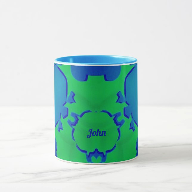 Caneca JOHN ~ Zany 3D Fractal ~ Blue e Green Mug (Centro)