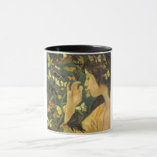 Caneca Jovem Mulher Japonesa Com Belas Borboletas