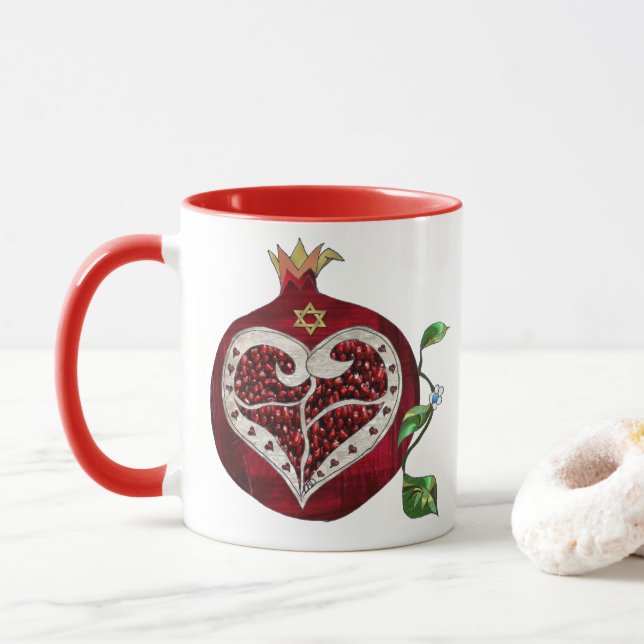 Caneca Judaica Pomegranate Heart Hanukkah Rosh Hashanah (Com Donut)