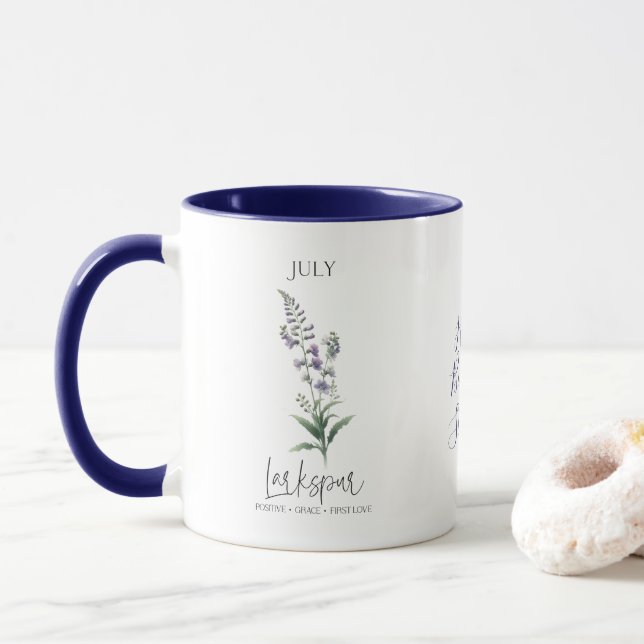 Caneca Julho Mês de Nascimento Flor Larkspur Aniversário  (Com Donut)