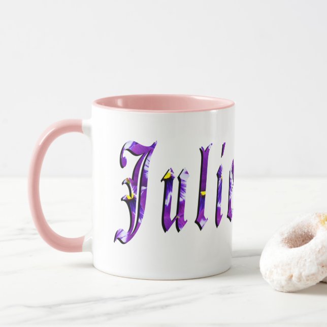 Caneca Julie, Nome, Logotipo, Combo Pink Coffee Mug (Com Donut)