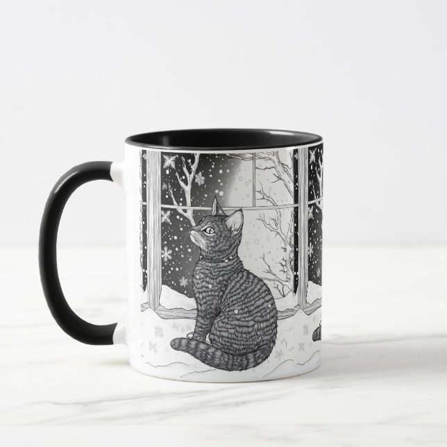 Caneca Kätzchen am Fenster Schneeflocken Sternenhimmel (Esquerda)