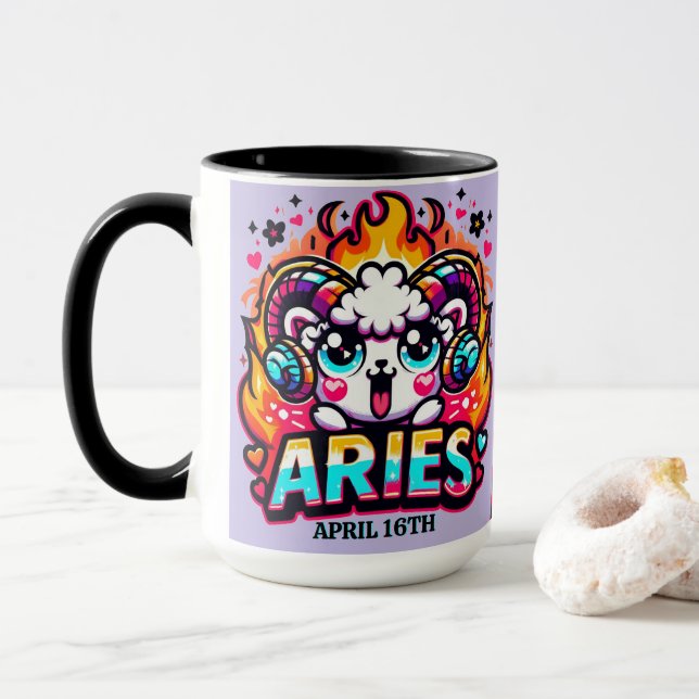 Caneca Kawaii Aries Ram Zodiac - Sinal Colorido Aniversár (Com Donut)