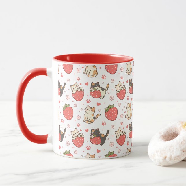 Caneca Kawaii Cats & Strawberries (Com Donut)