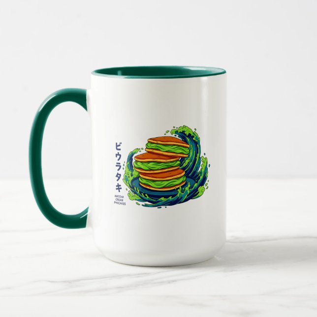 Caneca Kawaii Matcha Cream Pancakes Ocean Wave Art (Esquerda)
