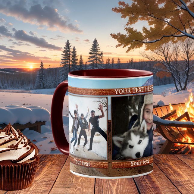 Caneca Keepsasaara 3 Fotografias Winter Mountain Personal (Personalized photo mug featuring 3 of your own favorite photos on a mountain image background)