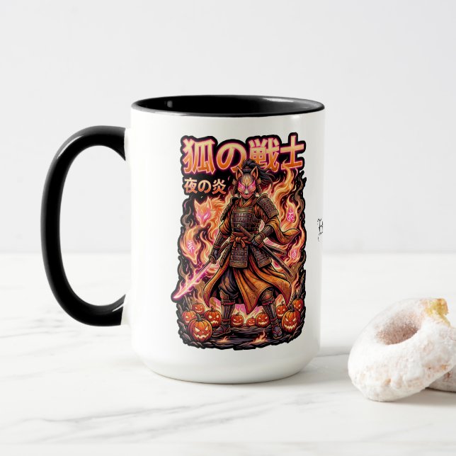Caneca Kitsune Samurai Raposa & Abóboras de Fogo (Com Donut)
