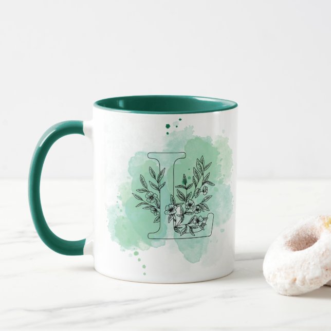 Caneca L Watercolor Monograma Verde Botânico inicial (Com Donut)