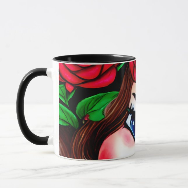 Caneca Lábios vermelhos e padrão Rosa vermelha (Esquerda)