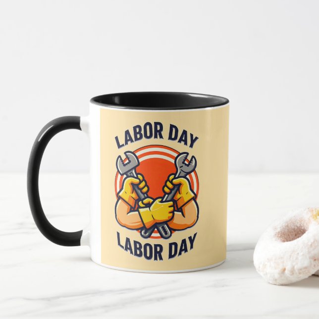 Caneca Labor Day Strong Worker Hands Tools Design (Com Donut)