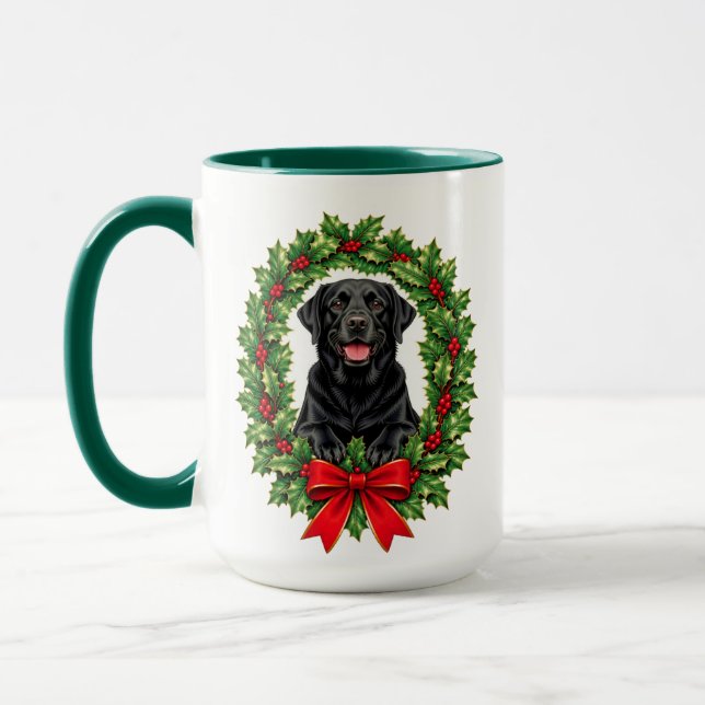 Caneca Labrador Retriever Preto Coroa de Natal de Azevinh (Esquerda)