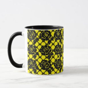 Caneca Lace floral romântico brilhante preto e amarelo