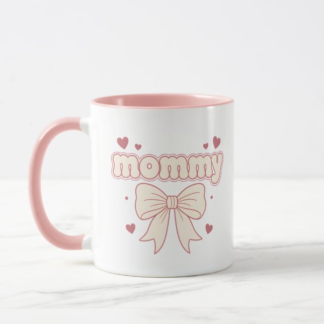 Caneca Laço Rosa de Coração Design Feminino Fofo de Mamãe (Esquerda)