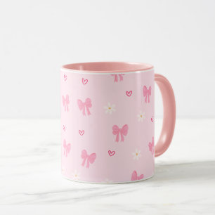 Caneca Laço Rosa e Padrão Floral Sem Costura – Fofo e Fem