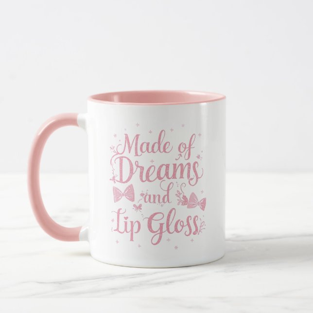 Caneca Laço Rosa Feminino "Sonhos e Brilho Labial" Citaçã (Esquerda)