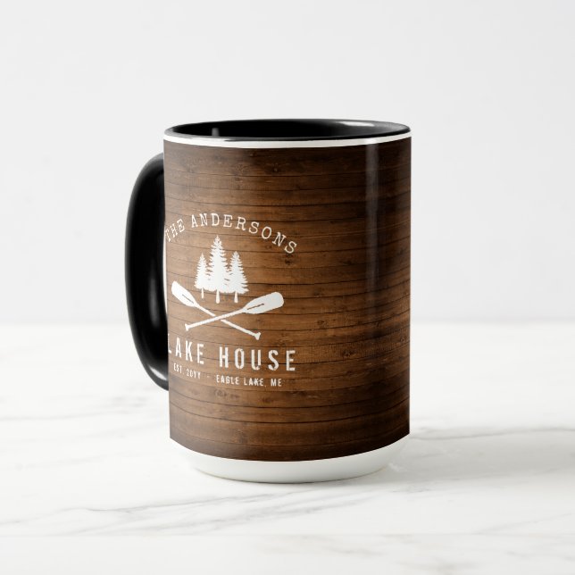 Caneca Lago Rustic House Oars Árvores Impressão de Madeir (Frente Esquerda)