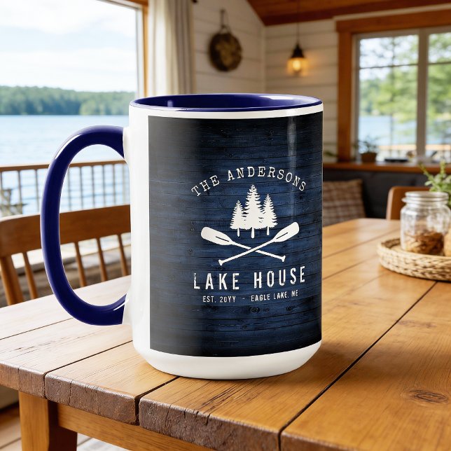 Caneca Lago Rustic House Oars Trees Blue Wood Impressão G (Criador carregado)