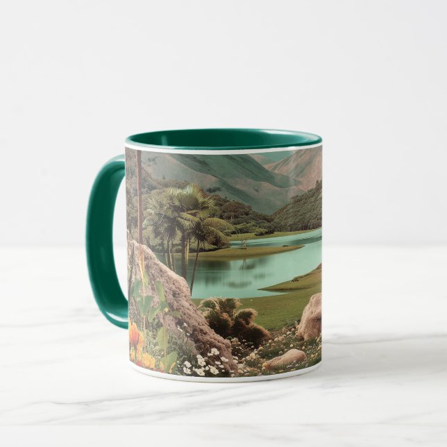 Caneca Lago Tropical Surreal com Palmeiras (Frente Esquerda)