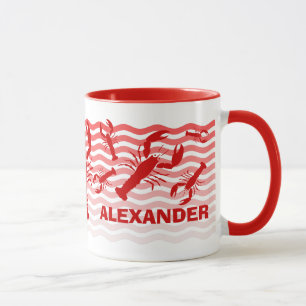 Caneca Lagostas vermelhas em ondas vermelhas,