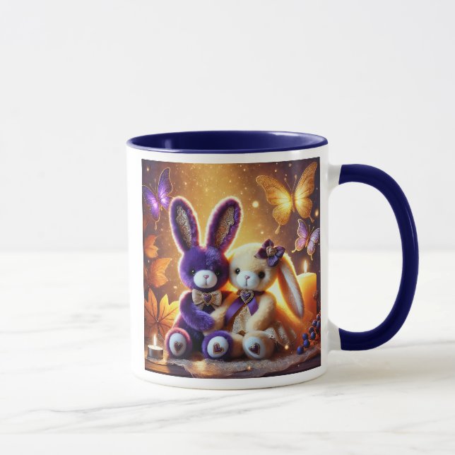 Caneca Lapins en peluche élégants avec cœurs et papillons (Direita)