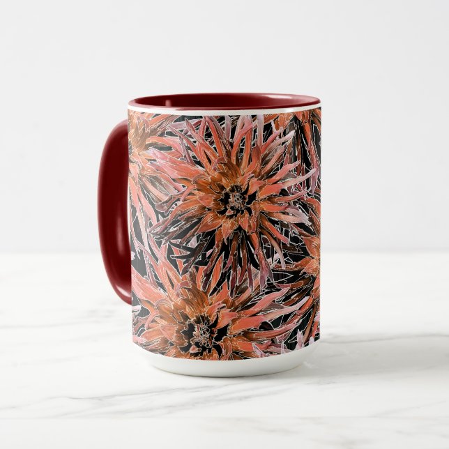 Caneca Laranja-aquarela e flores marrons. (Frente Esquerda)