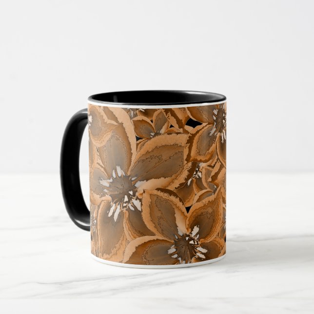Caneca Laranja, cinza, flores aquáticas. (Frente Esquerda)