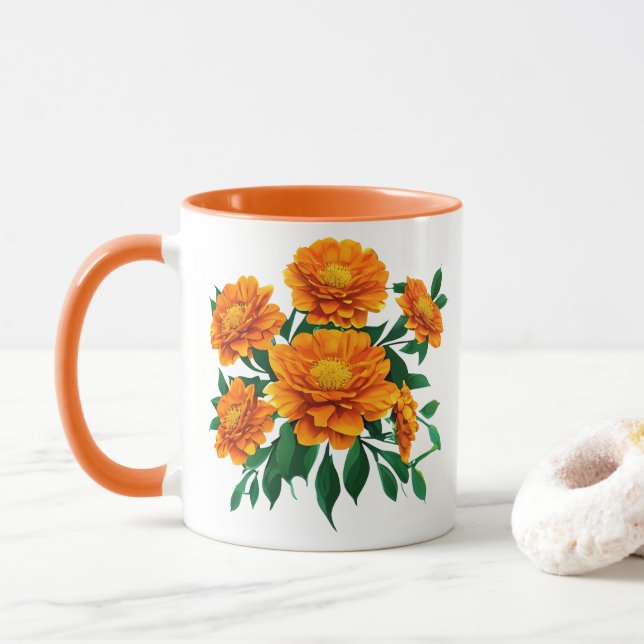 Caneca Laranja Marigold Buquê com Folhas Verdes (Com Donut)