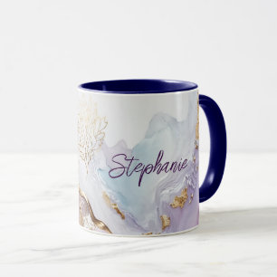 Caneca Lavagem de Aquarela Roxa Azul Dourada Monogramada