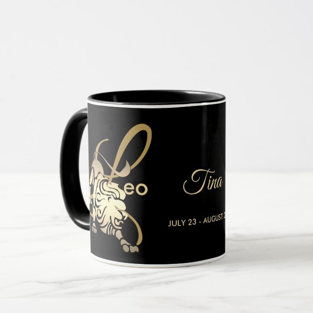 Caneca Leão ♌ Sinal de Aniversário Zodiac / Preto e Doura (Frente Esquerda)
