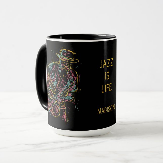 Caneca Leitor de Jazz Colorido com Nome Personalizado (Frente Esquerda)