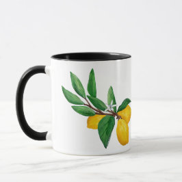 Caneca Lemon Leaf Watercolor Black Design | Fresh Citrus