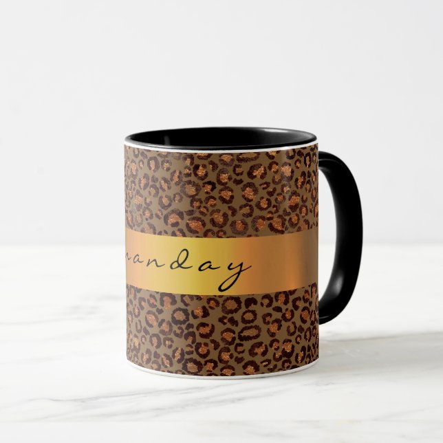 Caneca Leopard Animal Black Honey Dourado Stripe Name Caf (Frente Esquerda)
