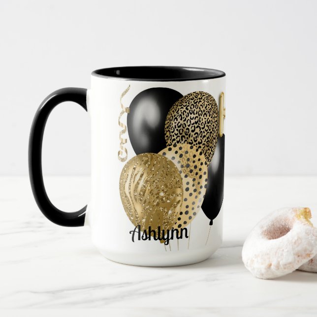 Caneca Leopard Dourado Balões Feliz 16º Aniversário (Com Donut)
