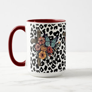 Caneca Leopardo-das-neves Cruz, Flores e Borboletas