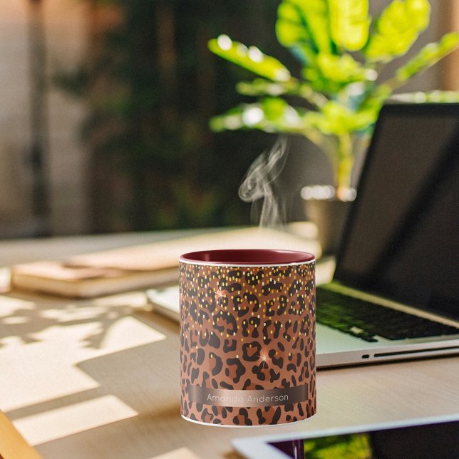 Caneca Leopardo marrom preto dourado bronze (Criador carregado)