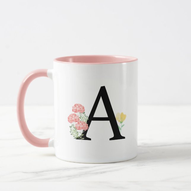 Caneca Letra A Aquarela Flores Florais Monograma (Esquerda)