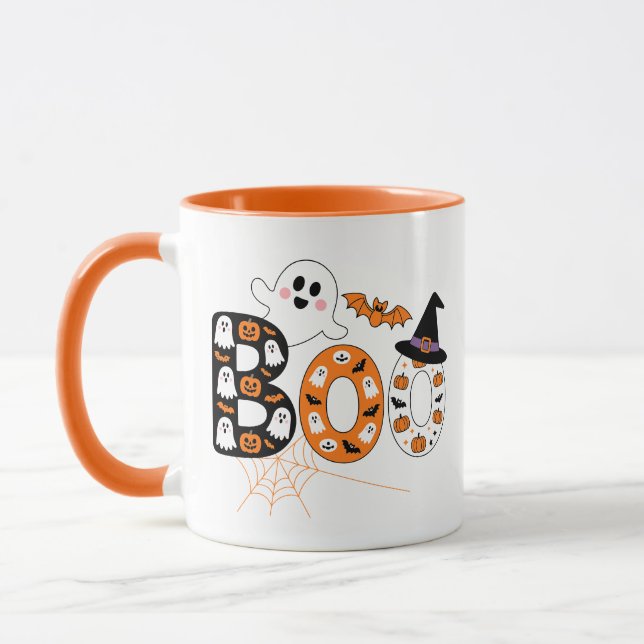 Caneca Letra BOO Fofa Fantasma e Abóbora Halloween (Esquerda)