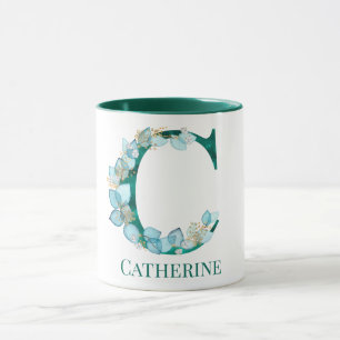 Caneca Letra C Monograma em Aquarela Azul-Verde e Dourado