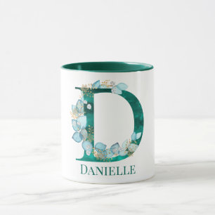 Caneca Letra D Monograma em Aquarela Azul-Verde e Dourado