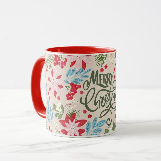 Caneca Letra de Natal vermelha Floral Mug (Frente Esquerda)