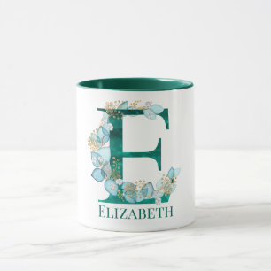 Caneca Letra E Monograma em Aquarela Azul Turquesa e Dour